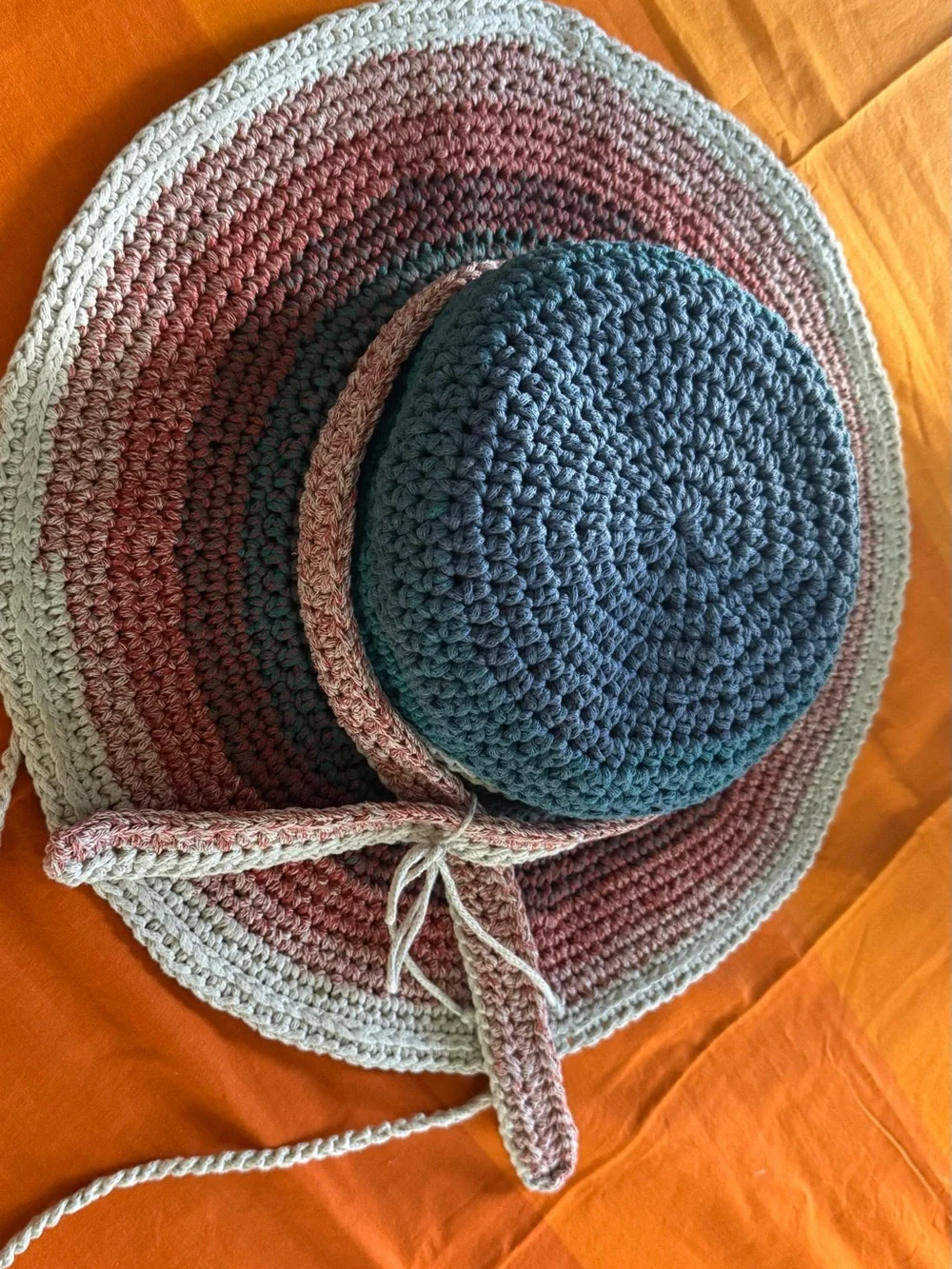 Handmade Crocheted Sun Hat in Teal, Coral & Cream
